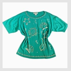 Vintage Sandy Starkman Sz M Pearl Beaded Seashell Top Green #234F